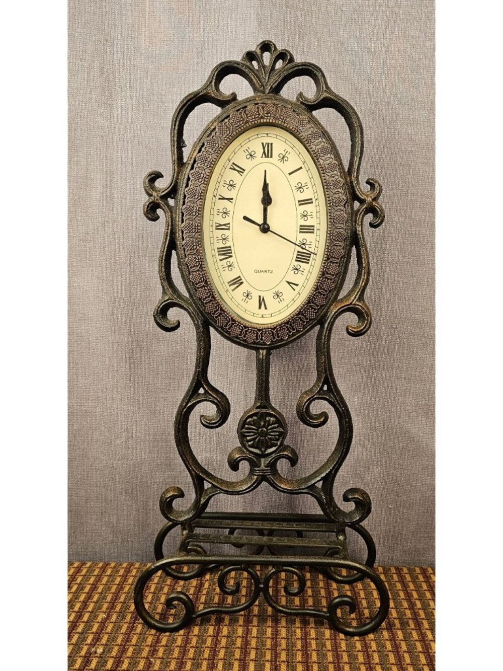 Vintage Ornate Metal Stand Clock With Roman Numerals And Elegant Scrollwork Desi